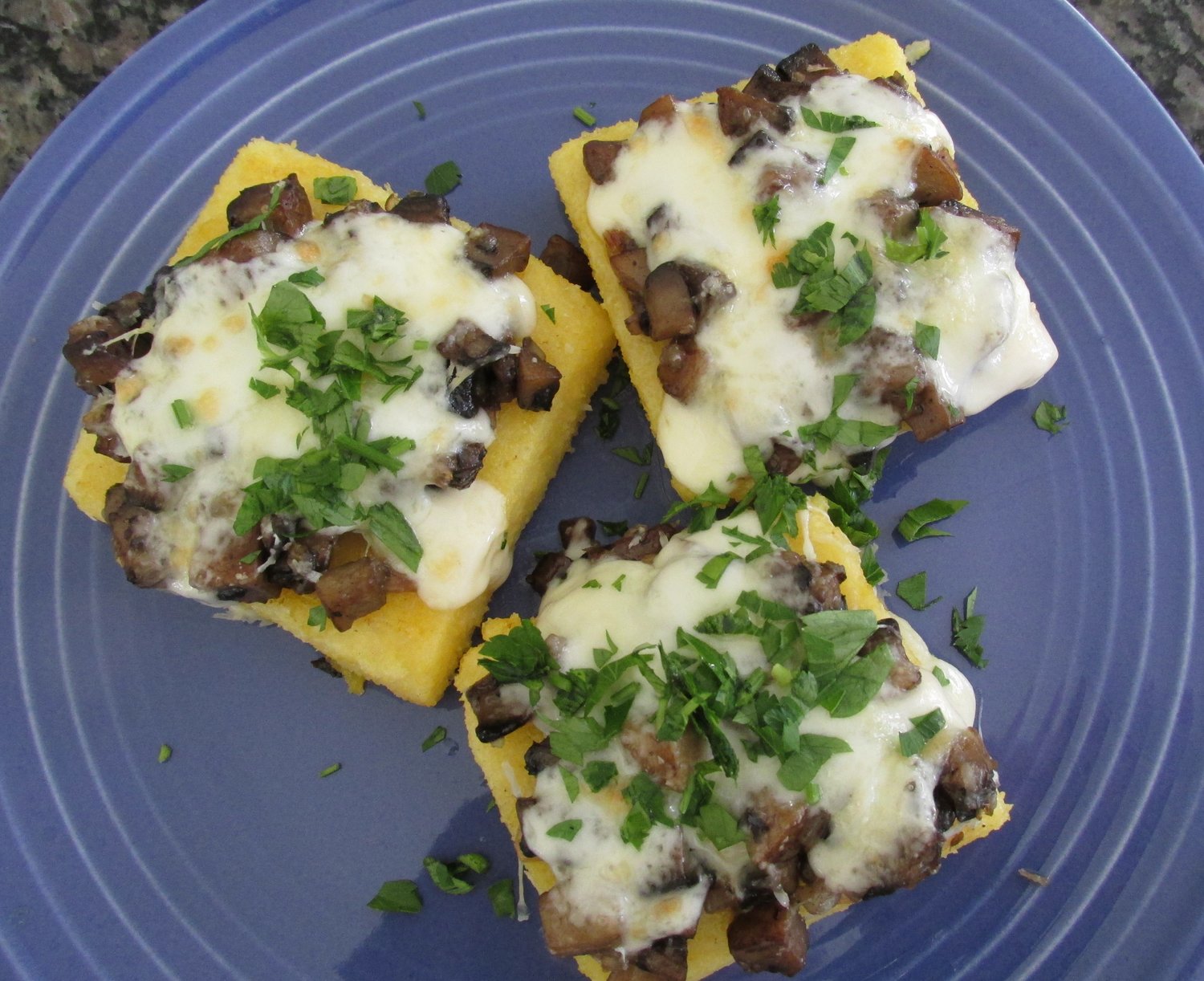 Grilled polenta, topped with sauteed mushrooms, truffle oil and fontina cheese